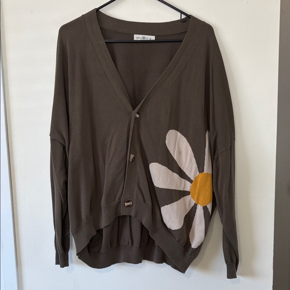 NATURAL LIFE Brown Cardigan with Floral Accent